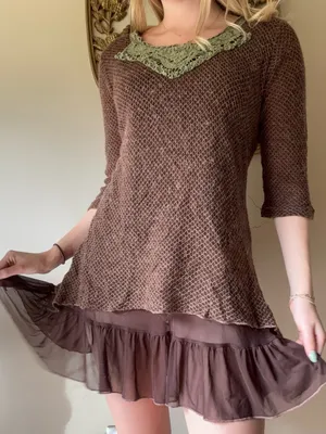 Creation Brown Knit Sweater with Olive Lace Trim thumbnail 5