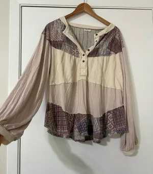 POL Patchwork long sleeve Henley Top thumbnail 1
