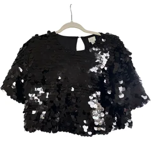 A New Day Women's Black Sequin Paillettes Short Sleeve Blouse Top, Size S, EUC thumbnail 2