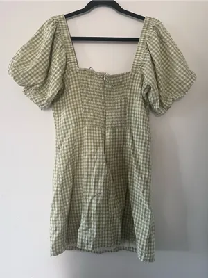 Sage Green White Gingham Puff Sleeve Mini Dress Large Cottagecore Western Farm thumbnail 6