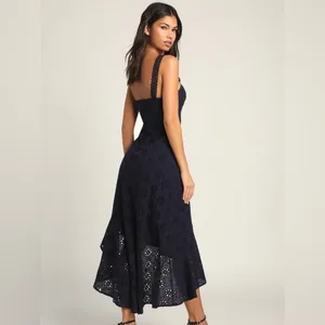 Lulus Navy Blue Holiday Sleeveless Trimmed Embroidered‎ Asymmetric Dress Sz M thumbnail 4