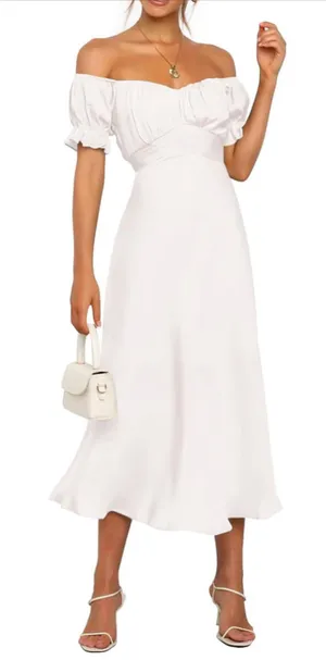 NEW Elegant Off Shoulder Short Sleeve Ruffle Mermaid Hem Belted Midi Dress XL thumbnail 1