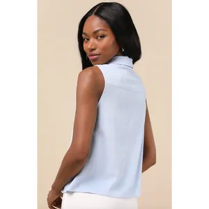 Lulus Casual Contentment Light Blue Linen Button-Up Collared Tank Top Medium NWT thumbnail 3