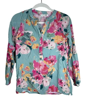 Women's Floral V-Neck Blouse - Pink Floral on Light Blue Sz XS thumbnail 1