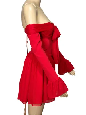 HOUSE OF CB Alana Off-Shoulder Mesh Mini Dress, Red, XS thumbnail 9