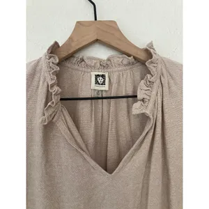 Anne Klein Linen Blend Romantic Coquette Boho Chic Ruffle Cap Sleeve Blouse Top thumbnail 4