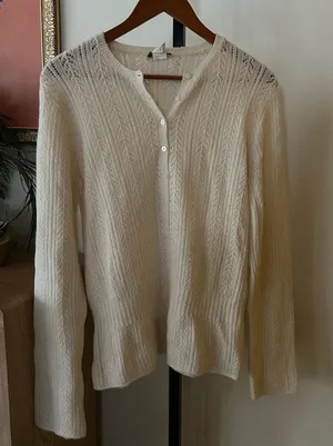 Vintage J. Crew Wool‎ Pointelle Henley Sweater Buttons Knit Cream White Size M thumbnail 1