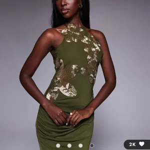 ASOS DESIGN halterneck maxi dress with 3D floral embellishment in olive green thumbnail 4