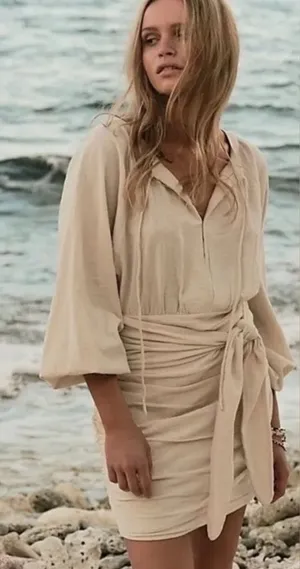 Free People Mini Dress XS Cream Gauzy‎ Boho Peasant Ruched Buttons Neutral NWT thumbnail 1
