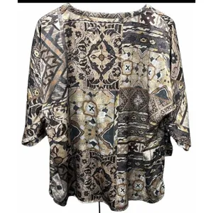 Chico's Women’s xl Aztec Brown Print Gold silky tie sleeves career Tribal Size 3 thumbnail 2