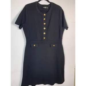Merokeety Dress XL Black Gold Button Short Sleeve Knit Preppy Career Mini thumbnail 3