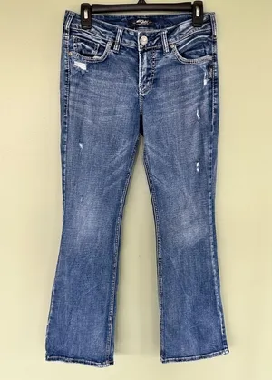 Silver Jeans Suki womens 29/31 medium wash mid rise slim bootcut Distressed blue thumbnail 1