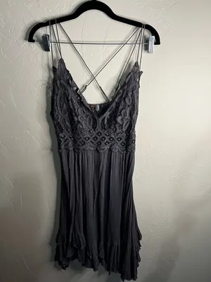 Free People FP One Adella Asymetrical Gray Purple Lace‎ Whimsy Mini Dress thumbnail 3