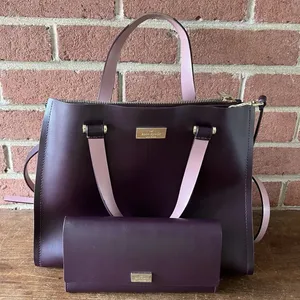 Kate Spade New York Two-Tone Burgundy and Pink Leather Satchel and Wallet Set thumbnail 1