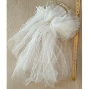 Vintage White Tulle Bridal Veil Faux Pearl Headband Floral Bead Accent 20 Inch thumbnail 6