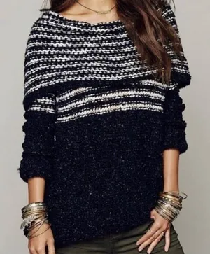 Free People Women Chunky Knit Sweater‎ Off the Shoulders Striped Black White S thumbnail 1
