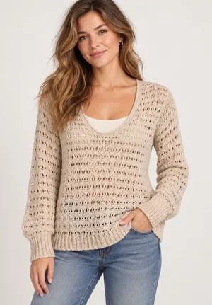 Free People Crashing Waves Scoop Neck Boho Sweater Ivory Wool Blend Chunky Small thumbnail 1