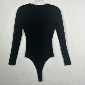 Elodie Womens Ribbed Long Sleeve Thong‎ Bodysuit Black Crew Neck XS CTSR1309 thumbnail 2