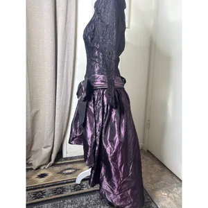 VTG 80s Whimsigoth High-Low Prom Dress Metallic Purple Taffeta Black Lace-Bow S thumbnail 5