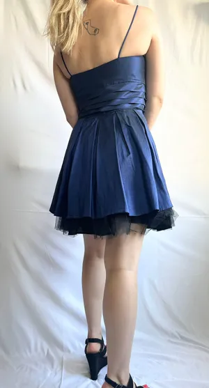 Fiesta Solid Straight Ruched Satin/Mesh Homecoming Dress - Blue/Black - M thumbnail 5