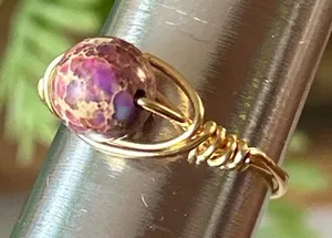 Handmade Handcrafted gold tone sea sediment jasper wire wrapped crystal ring - size 9 thumbnail 1
