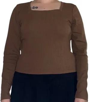Brown Ribbed Long Sleeve Top Size M thumbnail 1