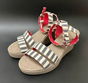 CROCS Leigh Nautical Striped Ankle Strap Wedge Sandals Size 8 thumbnail 1