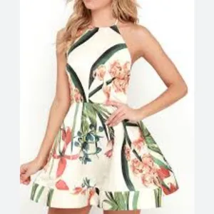 Lulu’’s Sunny Centerpiece Cream Floral Fit and Flare Satin Mini Dress S thumbnail 2