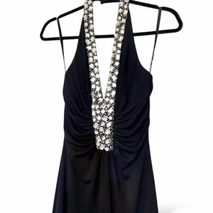 Morgan & Co Y2K Black Embellished Halter Dress with Cinched Gathered Vneck Sz XS thumbnail 2