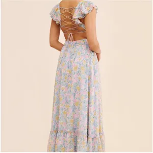 ASTR The Label Floral Cutout Maxi Dress Pink Blue Pleated Lace Up Back Small thumbnail 3