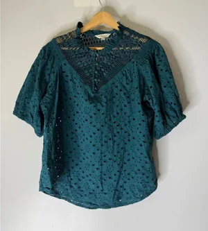 Adiva crochet‎ green teal lace eyelet short puff sleeve top large thumbnail 1