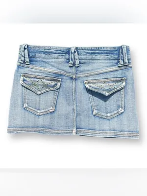 🌸MY2K Mudd Blue Denim Mini Skirt Embroidered Beaded Pockets Button Size S thumbnail 2