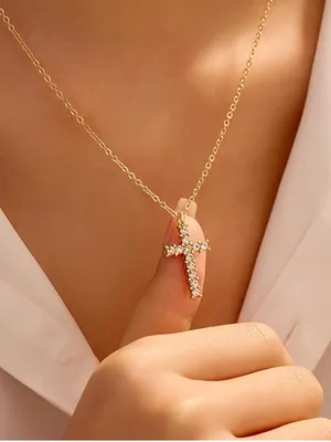 Gold Alloy Crystal Cross Pendant Necklace Cable Chain Lobster Clasp 15.75" Adj thumbnail 9