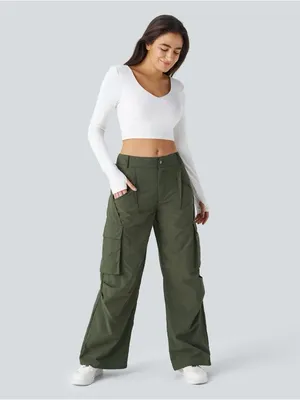 Halara 01HAL.- Mid Rise Button Zipper Side Pocket Wide Leg Baggy Casual Cargo Pants. thumbnail 7