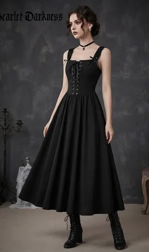 Scarlet Darkness Black Gothic Corset Midi Dress Boho Witchy Alt Festival Size M thumbnail 1