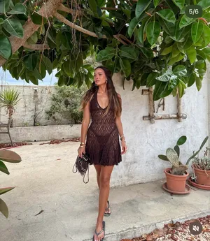 Zara Brown Lace Ruffled Crochet Halter Bohemian Summer Dress thumbnail 2