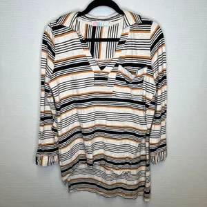 Free People Beach Womens XS Striped V-Neck Collared Tunic Top Black Yellow White thumbnail 2