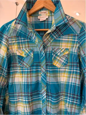 Women's Ariat Blue Yellow Plaid Fitted Button Down Shirt S thumbnail 3