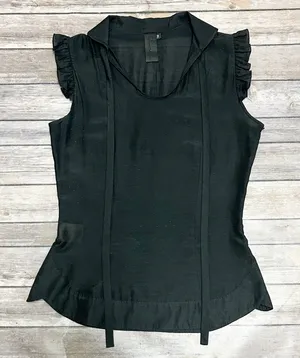 Omorika Black Sheer Polka Dot Sleeveless Ruffle Tie Collar Silk Blend Top 2 thumbnail 1