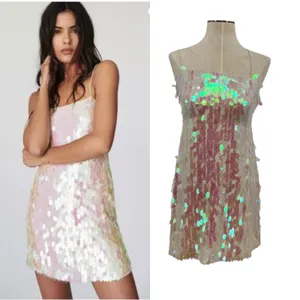 Free People Mermaid‎ Mini Dress Sequin Iridescent Cream White Pink Size 2 thumbnail 2