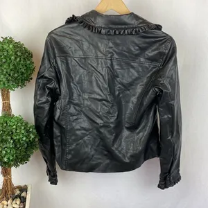 Catherine Malandrino Black Faux Leather Zip Up Ruffle Trim Cropped Jacket M thumbnail 3
