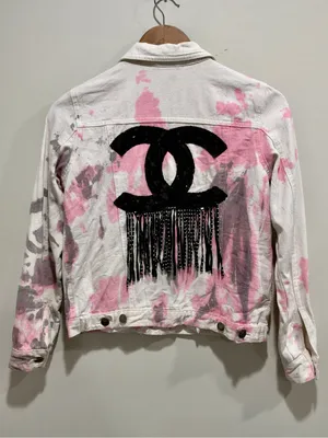 Pink Splatter Sequin Fringe Embellished Denim Jacket S Styled By Coco White thumbnail 3