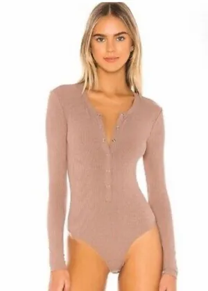 Privacy Please Bodysuit Tan Ribbed Long Sleeve Snap Front Top thumbnail 12