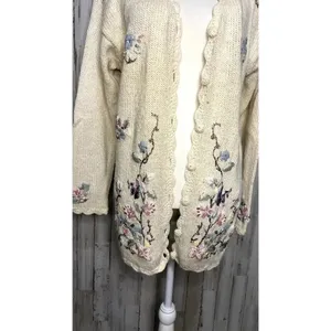 Vintage 80s Crystal Kobe Floral Embroidered‎ Knit Cardigan Beige Women's Medium thumbnail 2