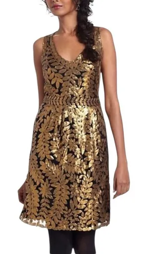 Anthropologie Project Alabama Gold‎ Leaf Sequin Black V-Neck Mini Dress 8 NEW thumbnail 1