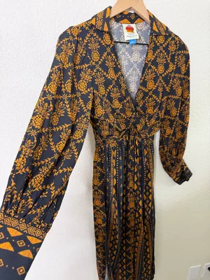 Farm Rio Long-Sleeve‎ V-Neck Printed Tie Front Midi Dress Womens Size XXS thumbnail 6