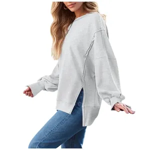 Trendy Queen‎ Oversized Gray Sweatshirt Womens Medium Side Slit Boho Raw Seam thumbnail 2