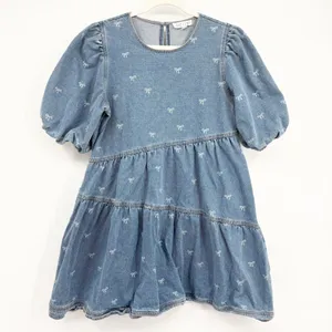 She + Sky Womens Bow Print Tiered Puff Sleeve Babydoll Denim Mini‎ Dress Size M thumbnail 3