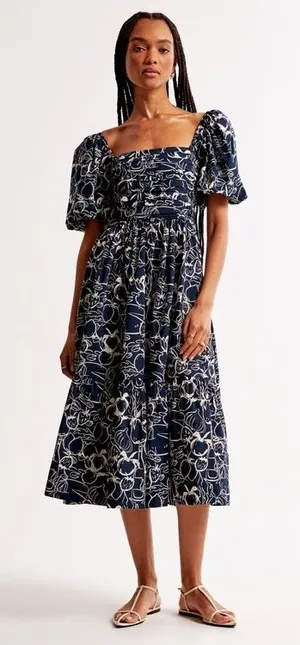 Abercrombie Emerson Poplin Puff Sleeve Midi Dress Navy thumbnail 1