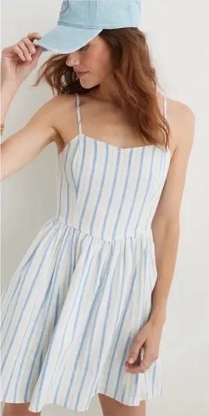 Aerie Love Of Linen Stripe Mini Dress Smocked Back Blue White NWT‎ XL thumbnail 1